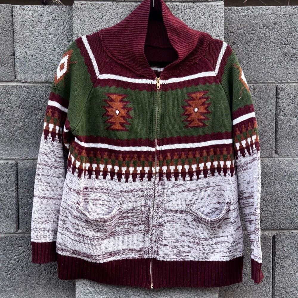 Grandpa Aztec Metal Zip up Sweater Medium Large